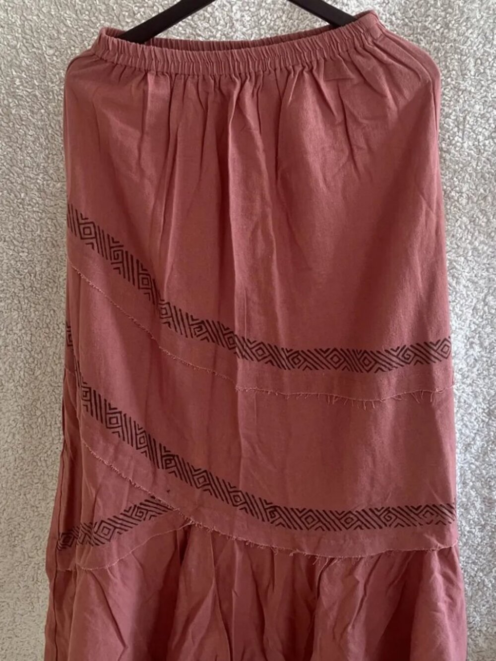 Thearah Pink Organic Cotton Geometric Panel Maxi Skirt, Raw Edge Trim